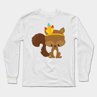 Thanksgiving Squirrel, Brown Squirrel, Feathers Long Sleeve T-Shirt